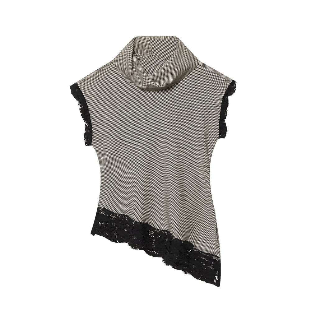 Women's casual asymmetrical plaid lace top